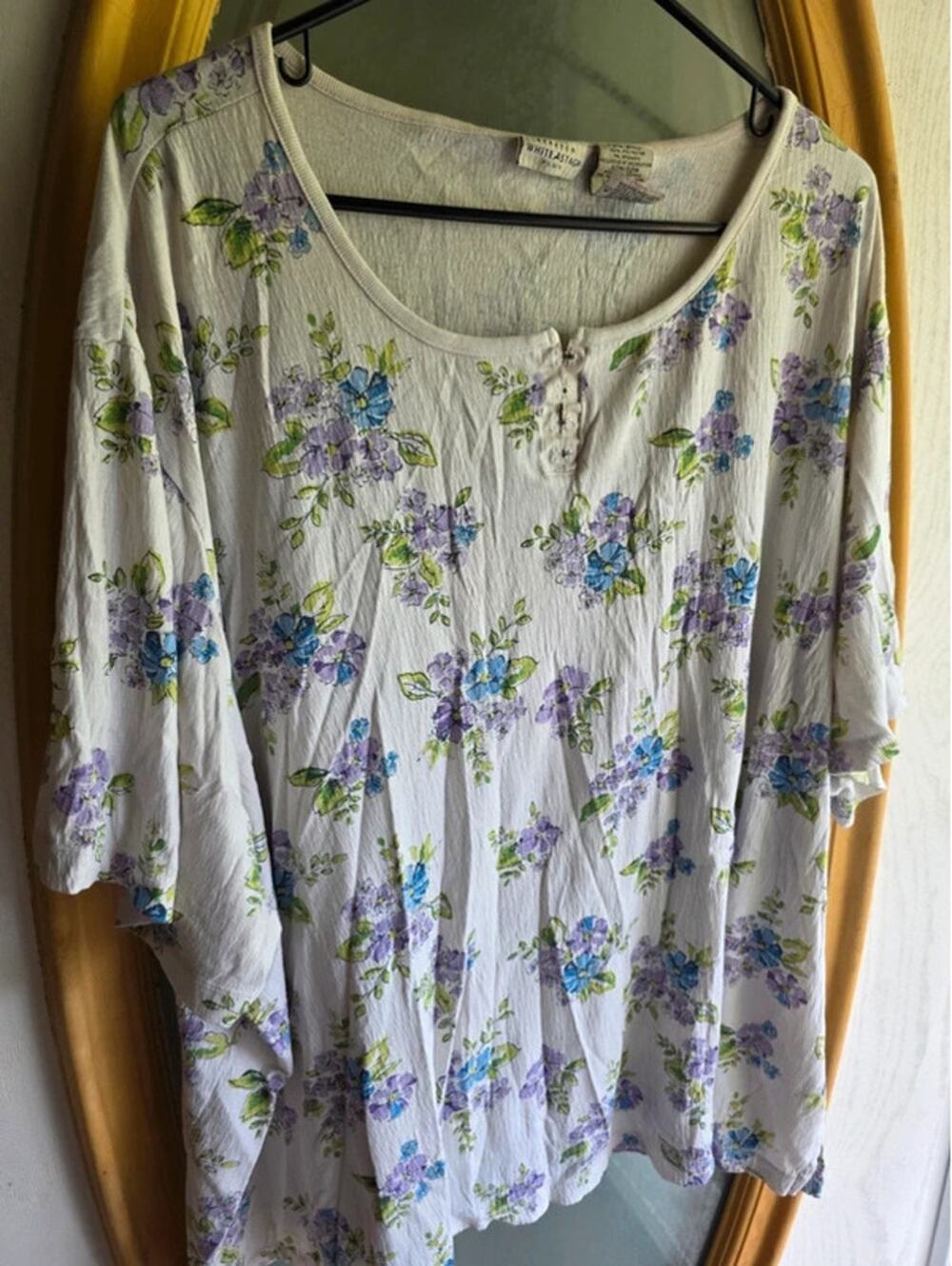 White Stag Plus 30W/32W Purple Blue Floral Crinkle Knit Cottagecore Blouse Top